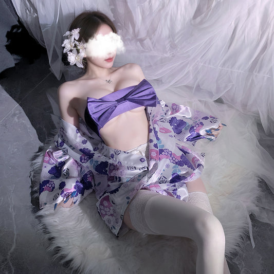 (78)2-Way Japanese Sakura Kimono Lingerie - Deep V Sheer Mesh Cherry Blossom Set