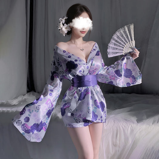 (78)2-Way Japanese Sakura Kimono Lingerie - Deep V Sheer Mesh Cherry Blossom Set