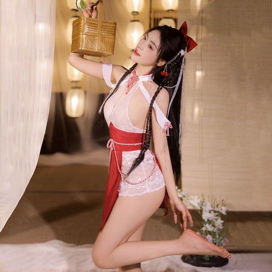 Sexy Lingerie See-Through Lace-Up Stand-Up Collar Cheongsam(137)