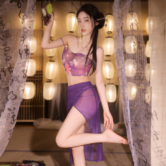 Sexy Lingerie See-Through Gauze Printed Lotus Separates(162)