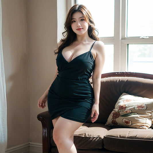 Plus Size Sexy Lingerie with Cleavage and Hip-Wrapping Nightgown (C31 Black)