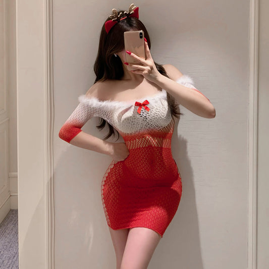 Sexy Lingerie: Gradient Sheer Mesh Dress with Fluffy Trim