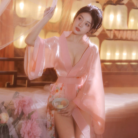 Sexy lingerie sexy cherry blossom floating light yarn wide sleeves Hanfu suit (10)