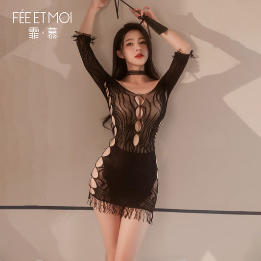 Sexy lingerie sexy one shoulder jacquard ripped mesh dress (22 black)