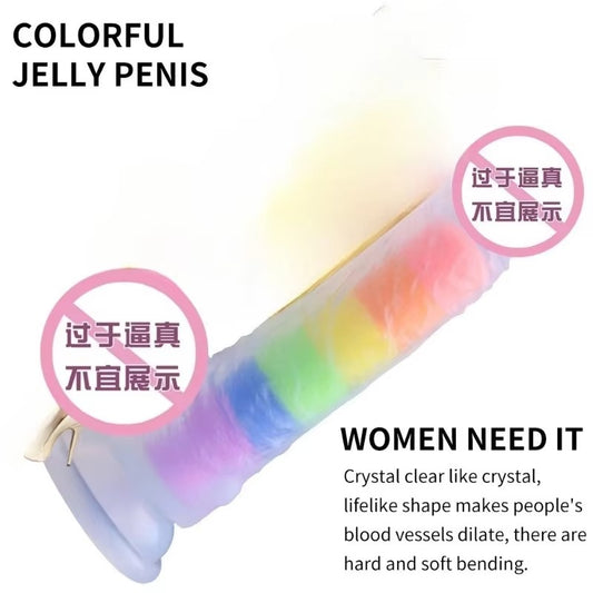 Crystal Clear Dildo with 6-Color Inner Core - Rainbow Transparent Dual-Layer Sex Toy