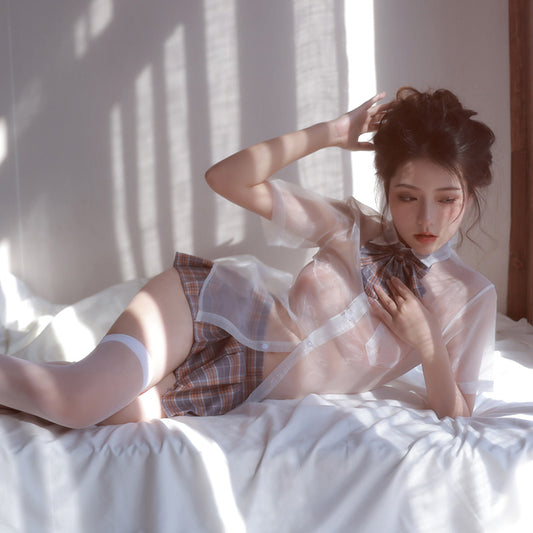 (79)Sexy Japanese JK Schoolgirl Uniform Lingerie - Sheer Blouse & Plaid Mini Skirt Set
