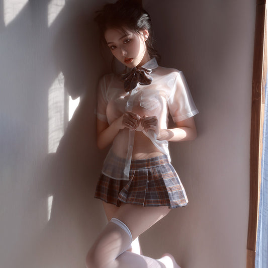 (79)Sexy Japanese JK Schoolgirl Uniform Lingerie - Sheer Blouse & Plaid Mini Skirt Set